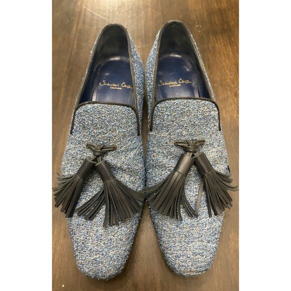 Sebastian Cruz Couture Blue Slip Tweed Loafers Tassle 40 Size 7.5 $1495